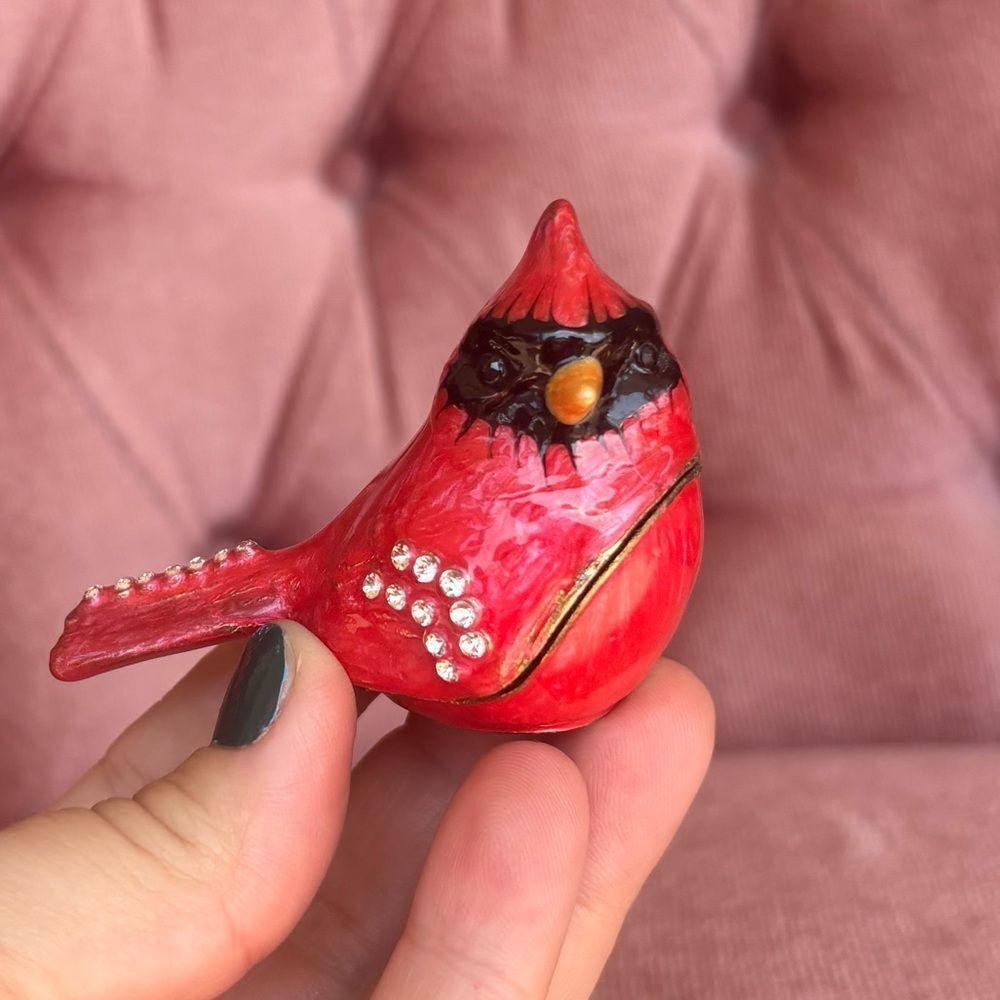 ❤️ Jeweled Cardinal Trinket Box | Red Enamel Rhinestone Bird Hinged Keepsake - Picture 2 of 5